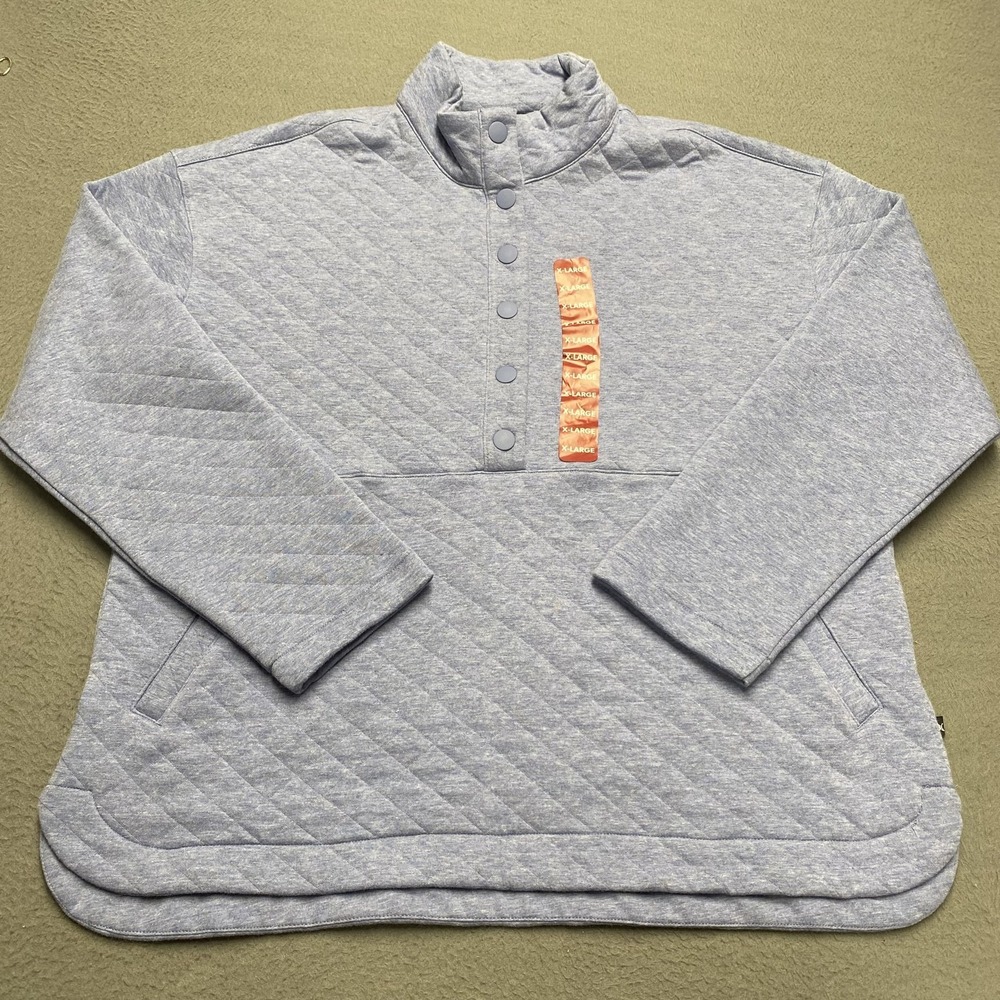 Eddie Bauer‎ Pullover Womens XL Blue Quilted Snap Mock Neck Knit Sweatshirt